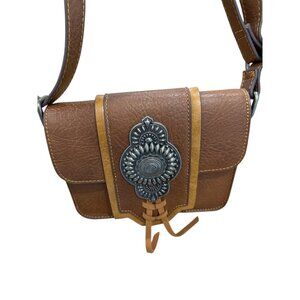 Justin Silvertone Concho Faux Leather Small Western Brown Crossbody Bag EUC